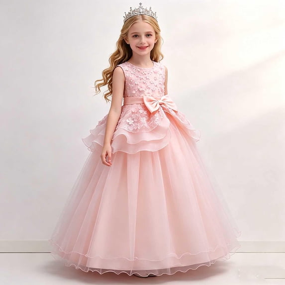 ATOGUTA Girl Dresses for Special Occasions Pink Sleeveless Tulle Long Formal Wedding Pageant Party Fancy Princess Ball Gown Dresses 5T-15