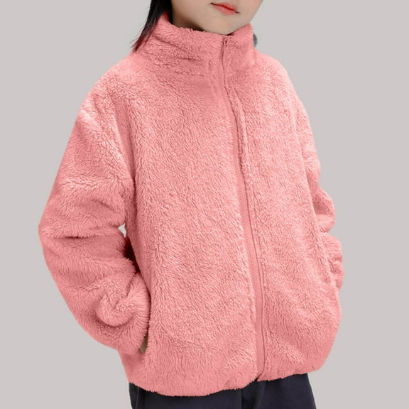 ATOGUTA Girl Jackets Zip Up Fleece Jacket with Pockets Warm Outwear Boys Girls Stand-Up Collar Cute Tops Size 1T-13, Pink