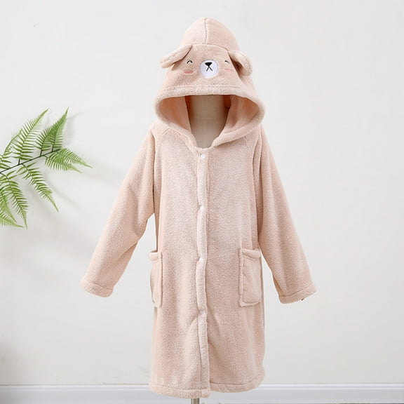 ATOGUTA Girl Robe Kids Fleece Robe Hooded Soft Warm Bathrobes Pajamas Sleepwear for Children Size 3T-8, Khaki
