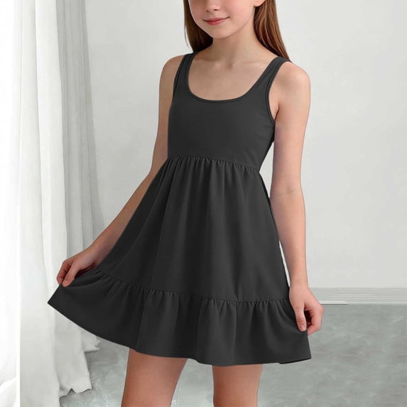 ATOGUTA Girl Summer Dress Black Sleeveless Ruffle Flowy Summer Casual Beach Hawaiian Vacation Dresses 5T-15