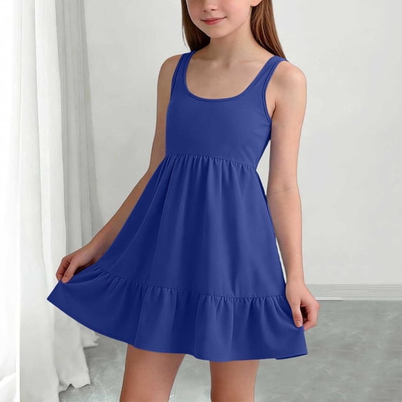 ATOGUTA Girl Summer Dress Blue Sleeveless Ruffle Flowy Summer Casual Beach Hawaiian Vacation Dresses 5T-15