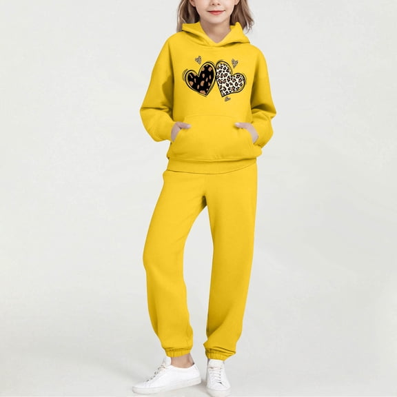 ATOGUTA Girl Sweatpants Set Tracksuit Drop Shoulder Hoodie Sweatshirt and Sweatpants Joggers Set with Pockets Size 2T-14, Yellow