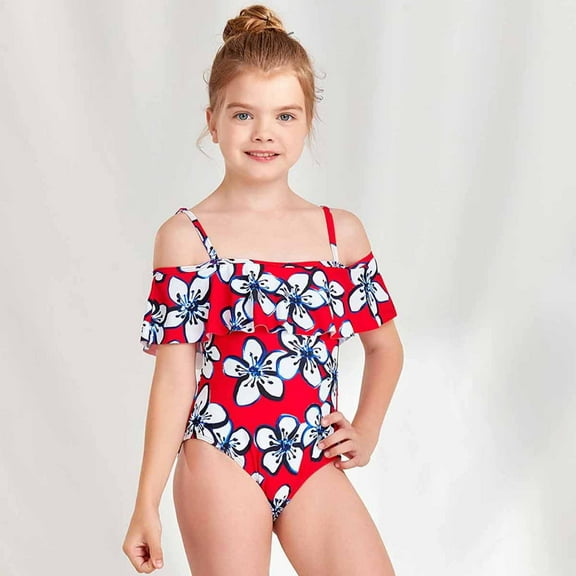 ATOGUTA Girl Swimsuit Off the Shoulder Surfing One-piece Swimsuit Bathing Suit Swimming Suit Red, Sizes 8-14