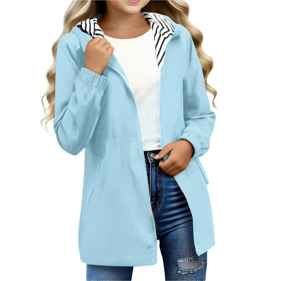ATOGUTA Girl Windbreaker Waterproof Hooded Raincoat Windbreaker for Kids Size 5T-16, Light Blue