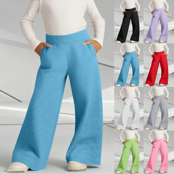 ATOGUTA Girl's Baggy Sweatpants Lightweight Straight Leg Thickened Warm Athletic Pants with Pockets Size 4T-15, Sky Blue