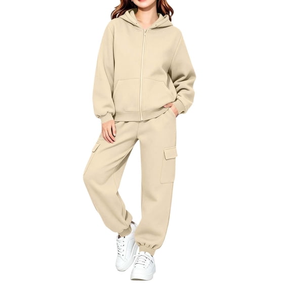 ATOGUTA Girl's Clothes Size 2T-14 Kids Fashion Tracksuit Two Piece Outfits Full Zip Sweatshirt and Sweatpants with Pockets Beige
