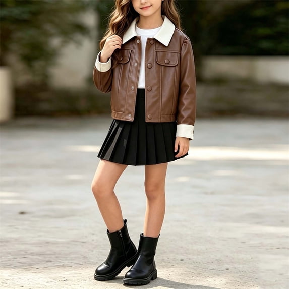 ATOGUTA Girl's Faux Leather Jacket Kids Button Up Fall Winter Motorcycle Biker Coats Outerwear
