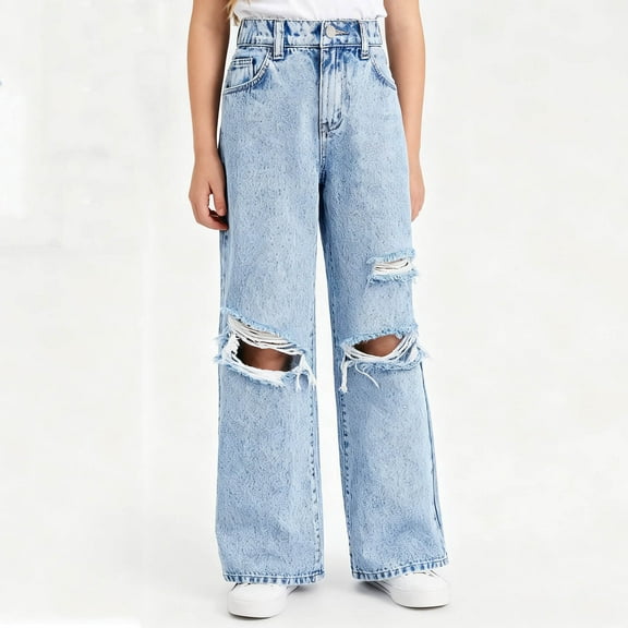 ATOGUTA Girl's Jeans Straight Leg Distressed Baggy Jeans Elastic High Waist Denim Pants Size 6-13, Blue