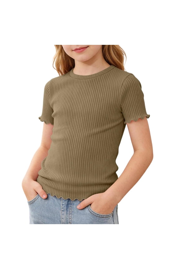 Girl's T-Shirts Soft Ruffle Short Sleeve Tees Kids Tshirts Clothes Summer Tops T-Shirt Brown, Size 5T-16