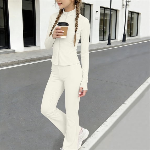 ATOGUTA Girl's Travel Outfits Zipper Long Sleeve Stand Collar Tops Running Fitness Yoga Pants Size 3T-15 Casual Summer Daily White