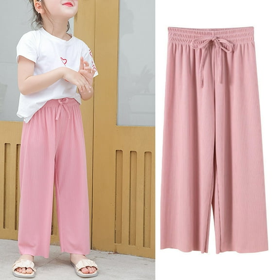 ATOGUTA Girl's Wide Leg Pants Flowy Lounge Pants for Kids Elastic High Waisted Casual Loose Trousers Kids Clothes Pink, Size 2-14 Years