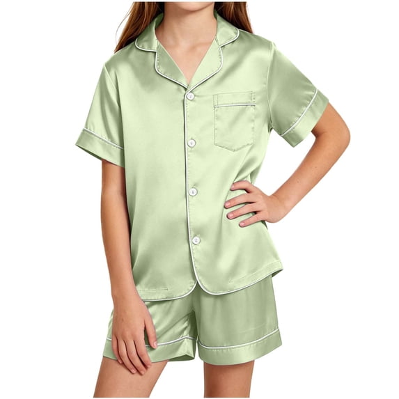 ATOGUTA Girls 2 Piece Lounge Set Size 5T-16 Button Down Shirts and Shorts Casual 2 Piece Home Clothing Set Green