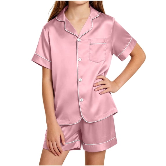 ATOGUTA Girls 2 Piece Lounge Set Size 5T-16 Button Down Shirts and Shorts Casual 2 Piece Home Clothing Set Pink