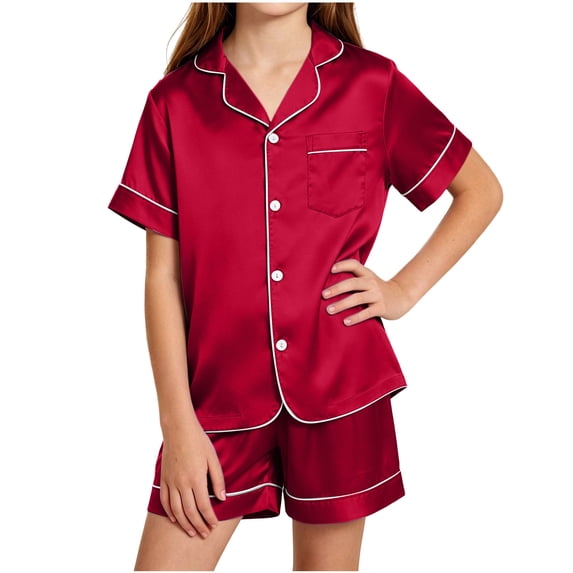 ATOGUTA Girls 2 Piece Lounge Set Size 5T-16 Button Down Shirts and Shorts Casual 2 Piece Home Clothing Set Red