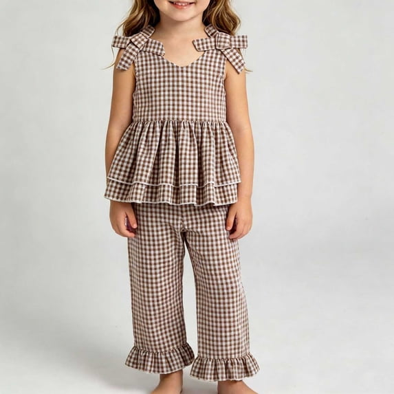 ATOGUTA Girls 2 Piece Outfit Sleeveless Ruffle Tank Top Wide Leg Pant Set Size 6M-5T Casual Summer Clothes for Kids Coffee