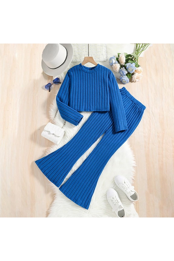 Girls 2 Piece Outfits Long Sleeve Ribbed Tops and Bell Bottom Flared Pants Fall Winter Outfits for Little Girls Blue Size 8-12