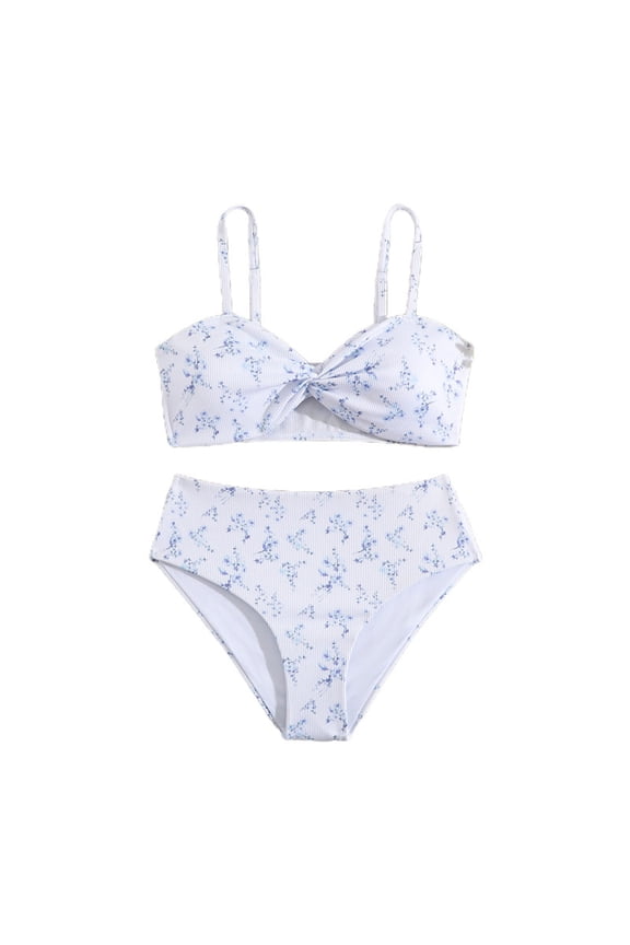 Girls' 2 Piece Swimsuit Floral Print Knot Front Ruched Bathing Suits Bikini Swimsuit White, Size 8-12