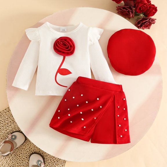ATOGUTA Girls 3 Piece Skirt Set 3 Piece Outfits Crew Neck Ribbed Tops Mini Skirt Shorts with Beret Spring Clothes Size 6M-4T, Red