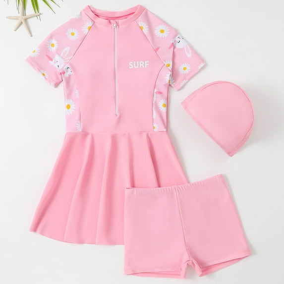 ATOGUTA Girls 3 Piece Swimsuits Swim Dress for Girls Skirted Bathing Suit Hawaiian Skirt Swimwear with Shorts Cap Pink, Size 5T-10