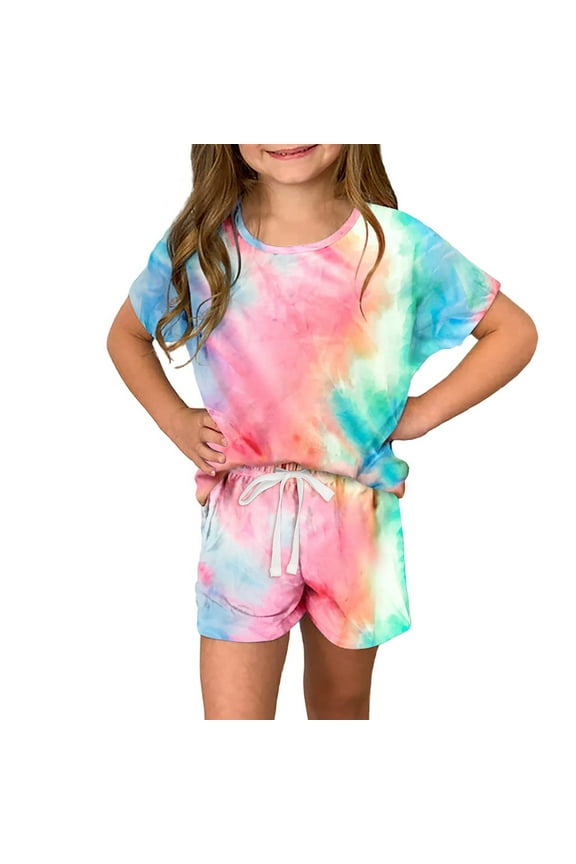 Girls' Active Shorts Set T-Shirt Crop Top and Drawstring Shorts Summer Tie-Dye Outfits Sizes 3T-14