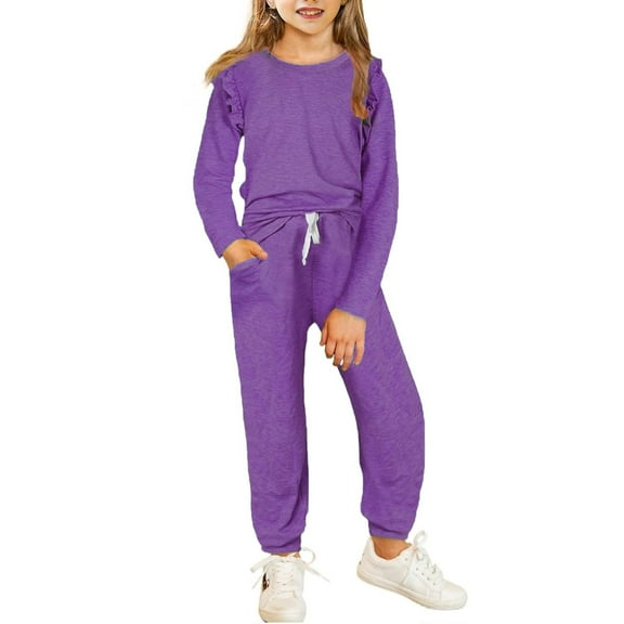ATOGUTA Girls Activewear Sets Ruffle Sleeve Sweatshirts Top and Sweatpants Set School Outfits Kids Clothing Set Purple, Size 4T-13