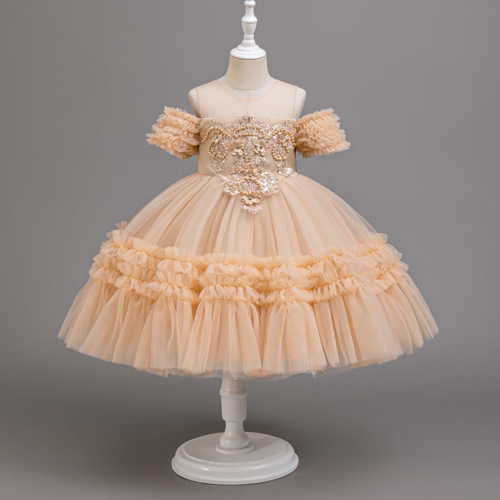 ATOGUTA Girls Athletic Dress Tulle Dress Tutu Birthday Princess Dresses Formal Photoshoot Outfit Summer Clothes Size 3T-12, Beige