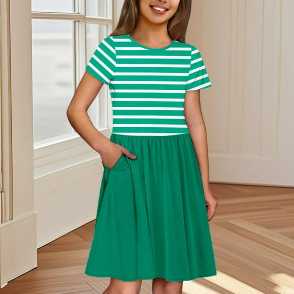ATOGUTA Girls Athletic Dress with Pockets A-line Dress Sundress Casual Dress for Holiday Party Back to School Summer Size 3T-14, Green
