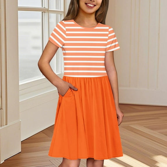 ATOGUTA Girls Athletic Dress with Pockets A-line Dress Sundress Casual Dress for Holiday Party Back to School Summer Size 3T-14, Orange