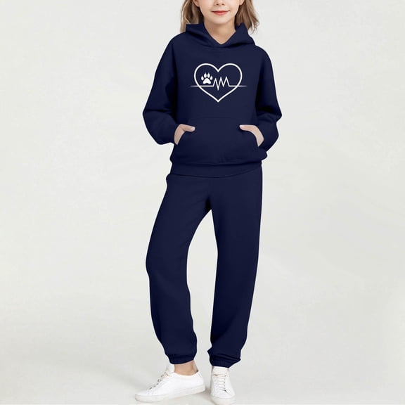 ATOGUTA Girls Athletic Sets Tracksuit Drop Shoulder Hoodie Sweatshirt and Sweatpants Joggers Set with Pockets Size 2T-14, Dark Blue