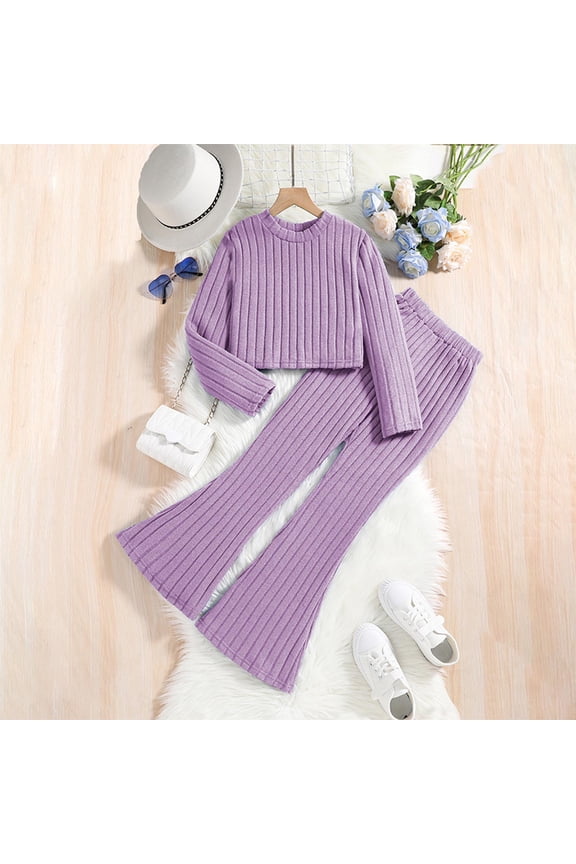 Girls Back To School Outfit Long Sleeve Ribbed Tops and Bell Bottom Flared Pants Fall Winter Outfits for Little Girls Purple Size 8-12