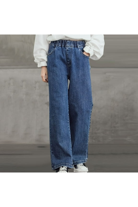 Girls Baggy Jeans Elastic Wasit Wide Leg Baggy Pants Kids Clothes Dark Blue, Size 3T-14
