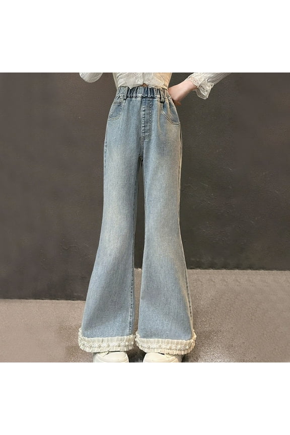 Girls Bell Bottom Jeans Size 5T-15 Kids High Waisted Straight Leg Demin Pants Stretch Long Pants with Pockets Light Blue