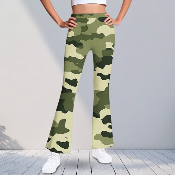 ATOGUTA Girls Bell Bottom Leggings High Waisted Casual Kids Print Warm Fleece Flare Leggings Size 5T-16, Army Green