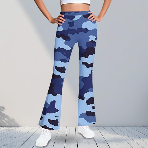 ATOGUTA Girls Bell Bottom Leggings High Waisted Casual Kids Print Warm Fleece Flare Leggings Size 5T-16, Blue