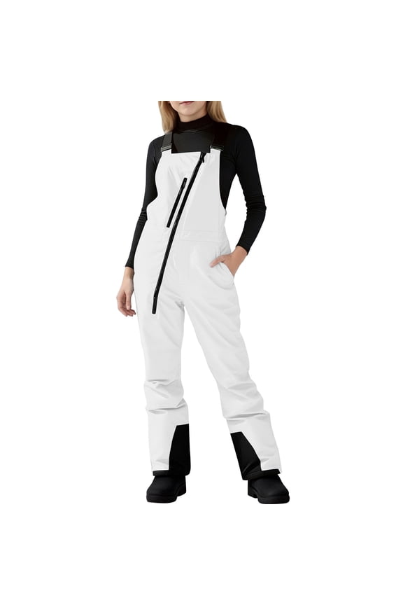 Girls Bib Ski Pants Snow Ski Overalls Windproof Insulated Romper Snowpants Size 4T-13, White