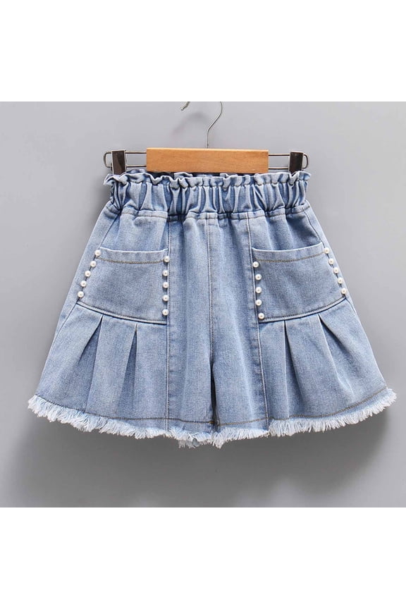 Girls Bike Shorts Summer New Thin Elastic Waistband Bright Denim Skirt Shorts 4-15 Years