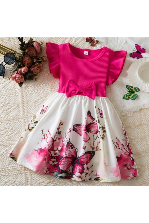 Girls Birthday Dress Ruffle Sleeves Casual Clothes Cute Playwear Dresses Pink, Size 3T-8