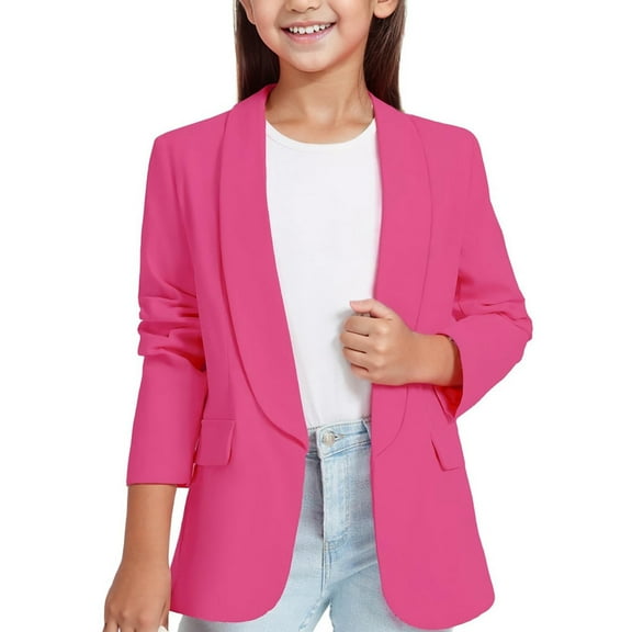ATOGUTA Girls Blazer Long Sleeve Shawl Collar Formal Blazers Suit Jacket Open Front Inner Pocket for Kids Hot Pink, Size 3T-14