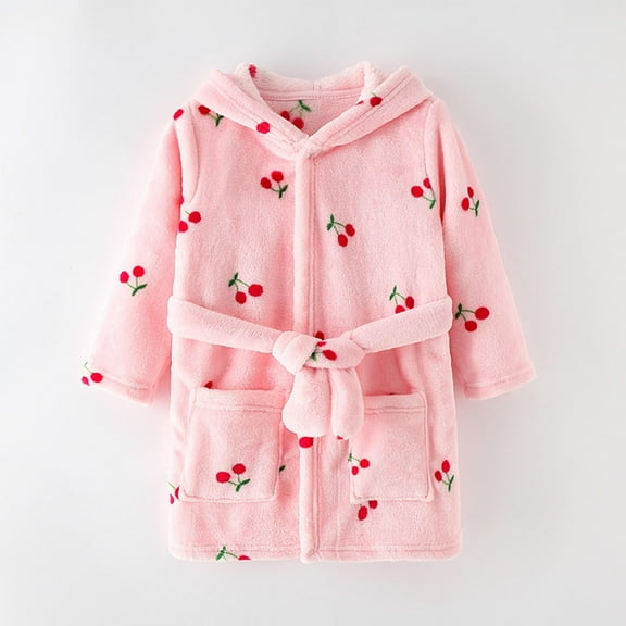 ATOGUTA Girls Boys Bathrobe Fleece Bathrobe Unisex Boys Girls Flannel Hooded Fleece Bathrobe Winter Warm Pajamas Pink, Size 5T-11