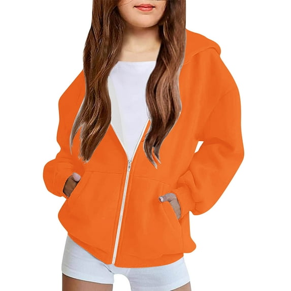 ATOGUTA Girls Sweatshirts Zip Up Hoodies Long Sleeve Casual Sweatshirts Jacket with Pockets Orange, Size 4T-12