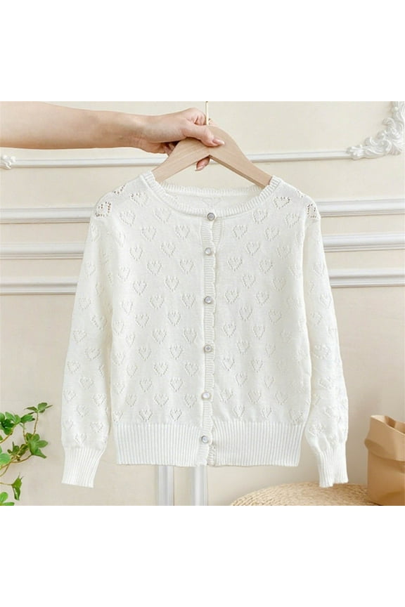 Girls Button Down Cardigan Kids Long Sleeve Crewneck Uniform Knit Sweater Size 1T-13, White