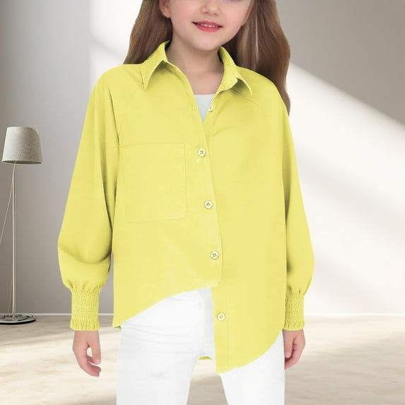 ATOGUTA Girls Button Down Shirts Size 5T-14 Long Sleeve Collared Blouses with Pocket Cute Pullovers Tops Yellow