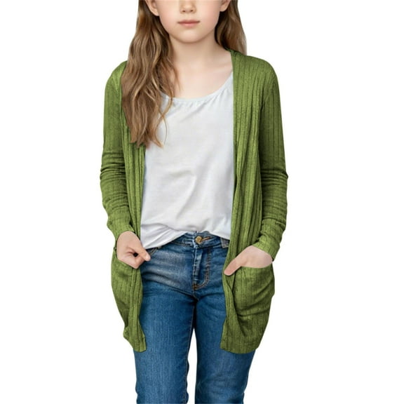 ATOGUTA Girls Cardigan Long Sleeve Sweater Casual Comfortable Pocketed Lightweight Jacket Size 5T-13 Green
