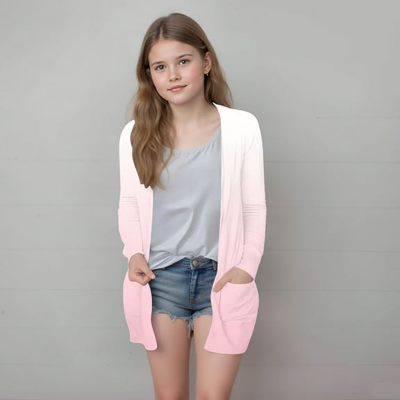 ATOGUTA Girls Cardigans Kids Long Cardigan Open Front Outerwear with Pockets Size 5T-14, Pink