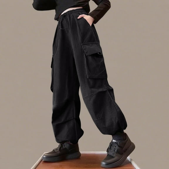 ATOGUTA Girls Cargo Pants Size 5T-15 High Waisted Elastic Waist Lightweight Outdoor Jogger Pants Black