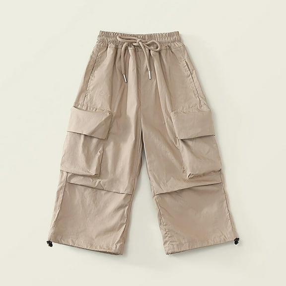 ATOGUTA Girls Cargo Work Pants Elastic High Waist Wide Leg Jogger Streetwear Kids Pants Casual Loose Trousers Khaki, Size 3-13 Years