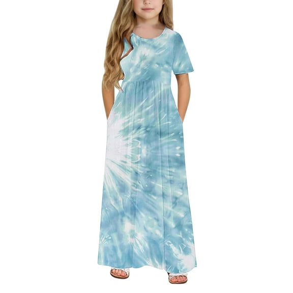 ATOGUTA Girls Casual Dresses Short Sleeve Floral Print Loose Casual Long Maxi Dress with Pockets Blue, Size 4-14 Years