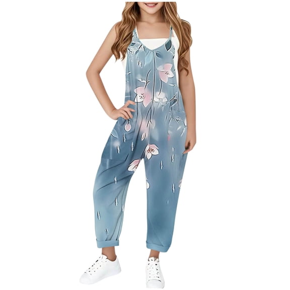 ATOGUTA Girls' Casual Sleeveless Jumpsuits Size 5T-14 Summer Overalls Spaghetti Strap Loose Romper Long Pants with Pocket Navy