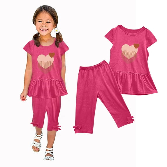ATOGUTA Girls Clothes Size 1T-10 Short Sleeved Ruffle Tops and Elastic Waist Cropped Pants Set Hot Pink