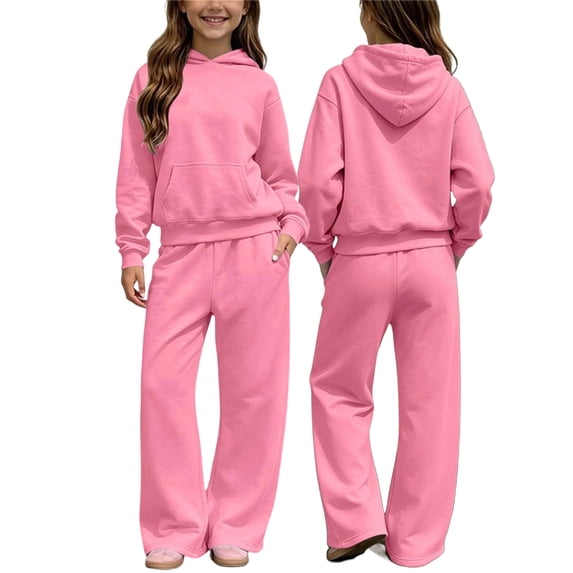 ATOGUTA Girls' Clothes Size 5T-14 2 Piece Long Sleeve Hoodie Sweatshirt and Wide Leg Pants Fall Clothing Set Pink